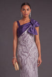 Sparkly Beaded Purple Mermaid Asymmetrical Sequins Long Formal Dress with Bow