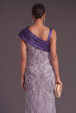 Sparkly Beaded Purple Mermaid Asymmetrical Sequins Long Formal Dress with Bow