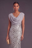 Sparkly Silver Mermaid Cowl Neck Sequins Long Formal Dress