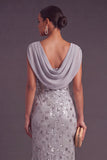 Sparkly Silver Mermaid Cowl Neck Sequins Long Formal Dress