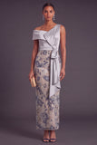 Sparkly Sequins Silver Floral Sheath One Shoulder Long Wedding Guest Dress with Bow