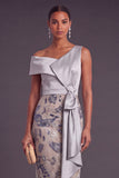 Sparkly Sequins Silver Floral Sheath One Shoulder Long Wedding Guest Dress with Bow