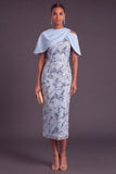 Sparkly Sky Blue Sheath Floral Sequins Midi Wedding Guest Dress with Slit