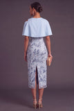 Sparkly Sky Blue Sheath Floral Sequins Midi Wedding Guest Dress with Slit