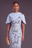Sparkly Sky Blue Sheath Floral Sequins Midi Wedding Guest Dress with Slit