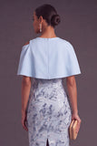 Sparkly Sky Blue Sheath Floral Sequins Midi Wedding Guest Dress with Slit