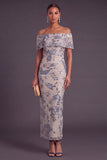 Saprkly Navy Sheath Off the Shoulder Floral Sequins Long Formal Dress with Slit