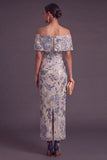 Saprkly Navy Sheath Off the Shoulder Floral Sequins Long Formal Dress with Slit