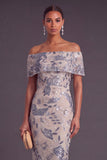 Saprkly Navy Sheath Off the Shoulder Floral Sequins Long Formal Dress with Slit