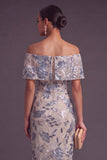 Saprkly Navy Sheath Off the Shoulder Floral Sequins Long Formal Dress with Slit