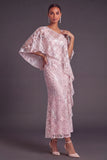 Pink Sparkly Sequins Mermaid Floral Long Formal Dress with Cape