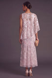 Pink Sparkly Sequins Mermaid Floral Long Formal Dress with Cape