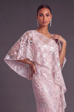Pink Sparkly Sequins Mermaid Floral Long Formal Dress with Cape