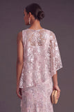 Pink Sparkly Sequins Mermaid Floral Long Formal Dress with Cape