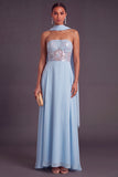 Saprkly Sequins Floral Sky Blue A-Line Strapless Long Formal Dress with Neck Scarf