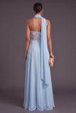 Saprkly Sequins Floral Sky Blue A-Line Strapless Long Formal Dress with Neck Scarf