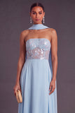 Saprkly Sequins Floral Sky Blue A-Line Strapless Long Formal Dress with Neck Scarf