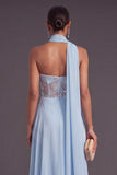 Saprkly Sequins Floral Sky Blue A-Line Strapless Long Formal Dress with Neck Scarf