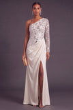 Sparkly Champagne Mermaid One Shoulder Ruched Long Formal Dress with Slit