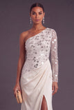 Sparkly Champagne Mermaid One Shoulder Ruched Long Formal Dress with Slit