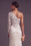 Sparkly Champagne Mermaid One Shoulder Ruched Long Formal Dress with Slit
