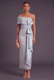 Sparkly Sequins Beaded Dusty Blue Sheath One Shoulder Long Formal Dress with Bow