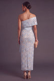Sparkly Sequins Beaded Dusty Blue Sheath One Shoulder Long Formal Dress with Bow