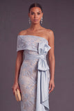 Sparkly Sequins Beaded Dusty Blue Sheath One Shoulder Long Formal Dress with Bow