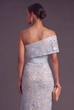 Sparkly Sequins Beaded Dusty Blue Sheath One Shoulder Long Formal Dress with Bow