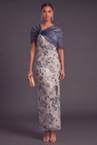 Navy Sparkly Sequins Floral Beaded Thick Straps Long Formal Dress with Cape