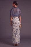 Navy Sparkly Sequins Floral Beaded Thick Straps Long Formal Dress with Cape