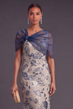 Navy Sparkly Sequins Floral Beaded Thick Straps Long Formal Dress with Cape