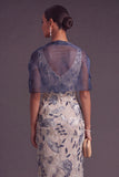 Navy Sparkly Sequins Floral Beaded Thick Straps Long Formal Dress with Cape