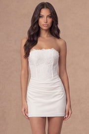 White Corset Strapless Mini Bridal Shower Dress with Lace