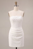 White Corset Strapless Mini Bridal Shower Dress with Lace
