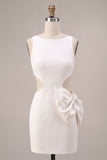 White Cut Out Bodycon Round Neck Mini Bridal Shower Dress with Bow