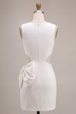 White Cut Out Bodycon Round Neck Mini Bridal Shower Dress with Bow