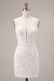 Lace White Strapless Floral Short Engagement Dress