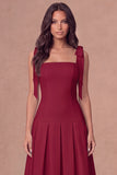 White A-Line Thick Straps Corset Pleated Midi Rehearsal Dinner Dress