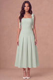 White A-Line Thick Straps Corset Pleated Midi Rehearsal Dinner Dress