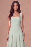 White A-Line Thick Straps Corset Pleated Midi Rehearsal Dinner Dress