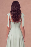 White A-Line Thick Straps Corset Pleated Midi Rehearsal Dinner Dress