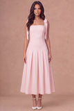White A-Line Thick Straps Corset Pleated Midi Rehearsal Dinner Dress