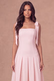 White A-Line Thick Straps Corset Pleated Midi Rehearsal Dinner Dress