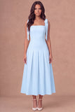 White A-Line Thick Straps Corset Pleated Midi Rehearsal Dinner Dress