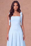 White A-Line Thick Straps Corset Pleated Midi Rehearsal Dinner Dress