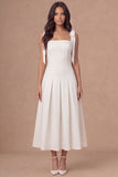 White A-Line Thick Straps Corset Pleated Midi Rehearsal Dinner Dress