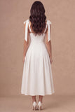 White A-Line Thick Straps Corset Pleated Midi Rehearsal Dinner Dress