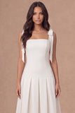 White A-Line Thick Straps Corset Pleated Midi Rehearsal Dinner Dress