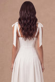 White A-Line Thick Straps Corset Pleated Midi Rehearsal Dinner Dress